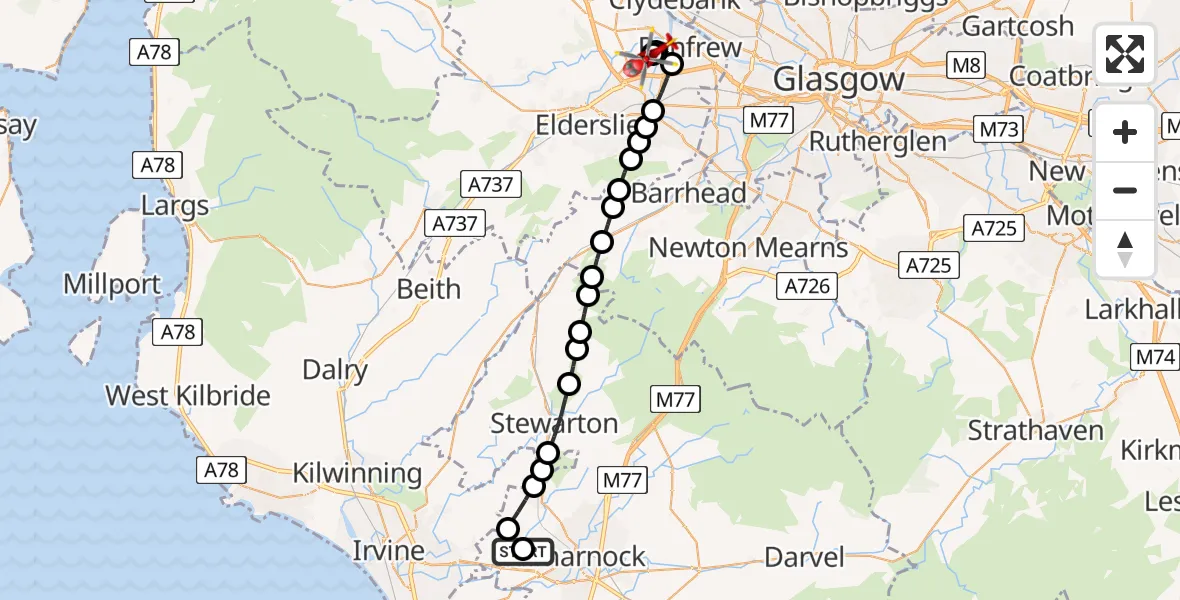 Flight route Air Ambulance Helicopter Crosshouse University Hospital - Glasgow Airport, 23 May 2026, 17:39