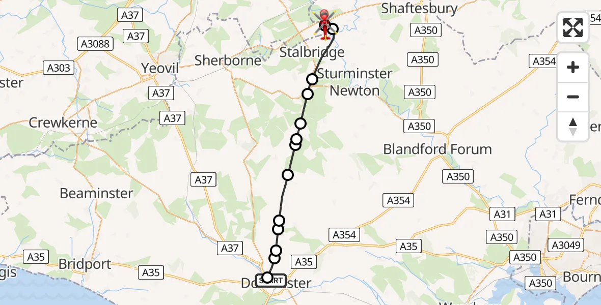 Flight route Air Ambulance Helicopter Dorchester - Henstridge Airfield, 23 May 2026, 17:41