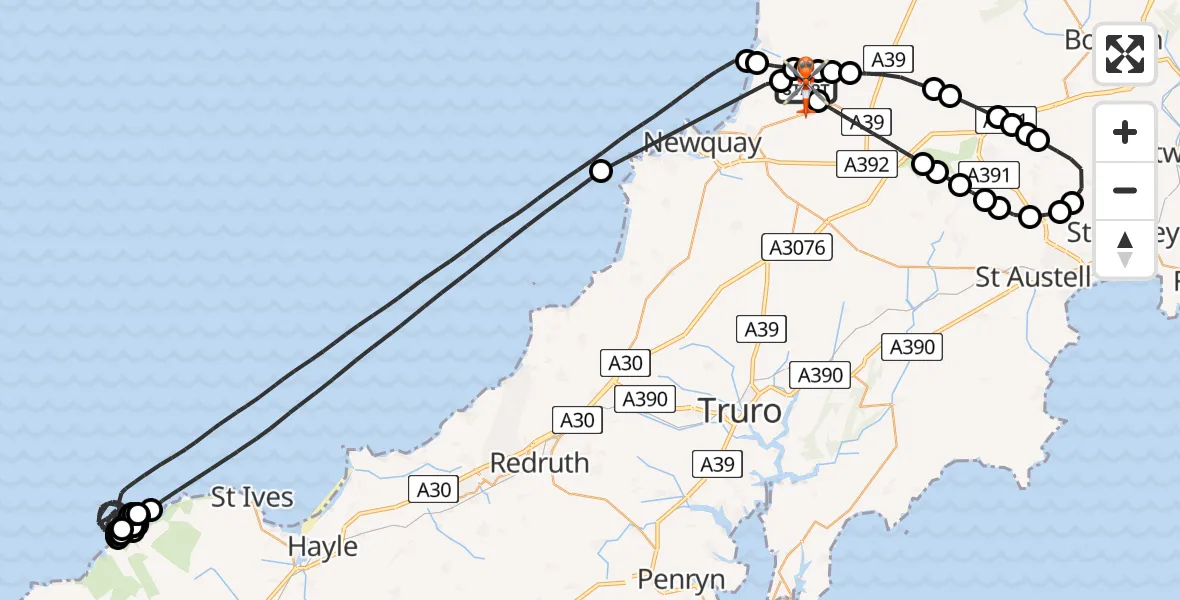 Flight route Coastguard Helicopter Cornwall Airport Newquay - Cornwall Airport Newquay, 23 May 2026, 17:44