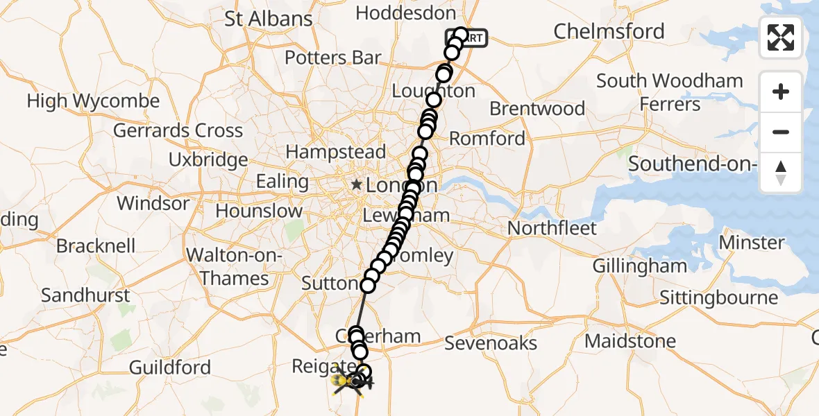 Flight route Police Helicopter North Weald Bassett - Redhill Aerodrome, 23 May 2026, 17:56