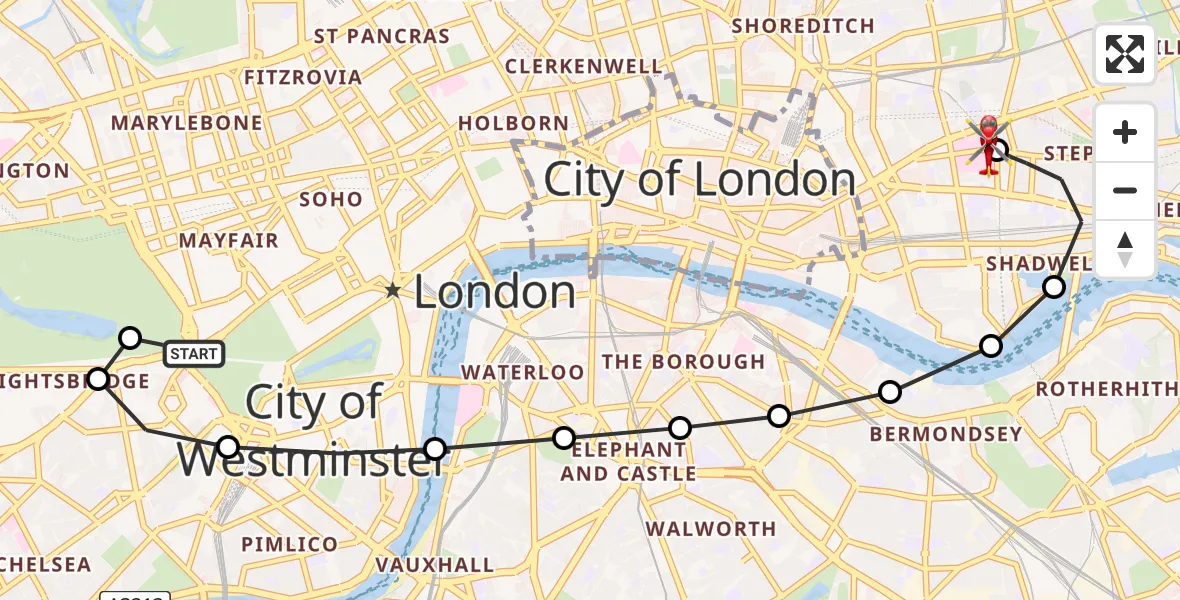 Flight route Air Ambulance Helicopter City of Westminster - Royal London Hospital, 23 May 2026, 17:59