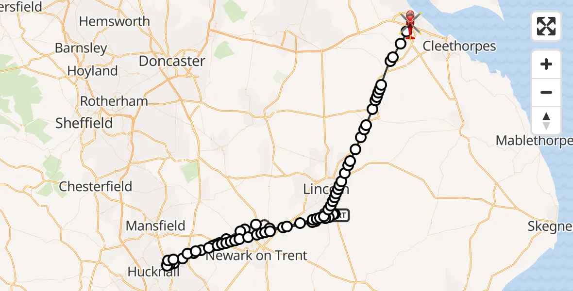 Flight route Air Ambulance Helicopter RAF Waddington - Immingham, 23 May 2026, 18:05
