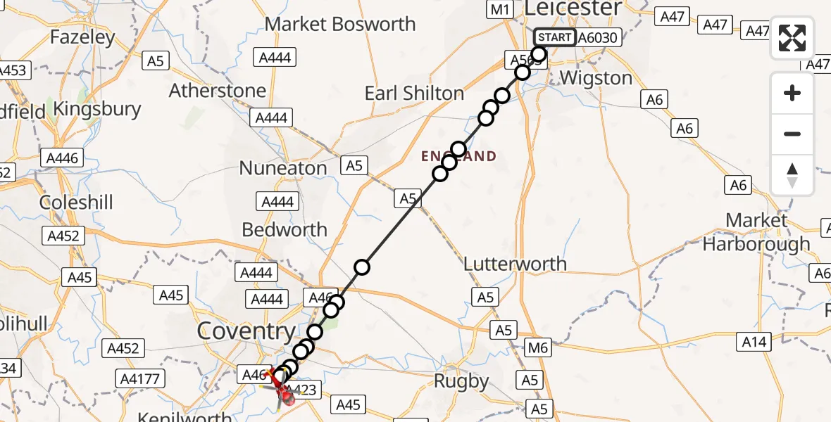 Flight route Air Ambulance Helicopter Aylestone - Warwick, 23 May 2026, 18:06