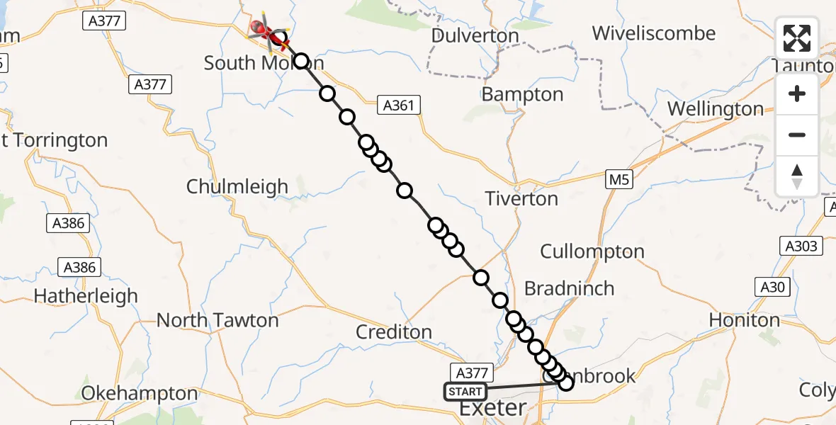 Flight route Air Ambulance Helicopter Exeter - North Molton, 23 May 2026, 18:13