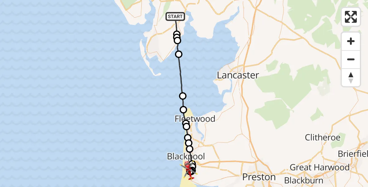 Flight route Air Ambulance Helicopter Ulverston - Blackpool Airport, 23 May 2026, 18:17