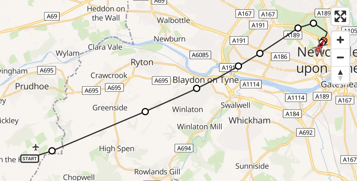 Flight route Air Ambulance Helicopter Currock Hill Glider Field - Newcastle Royal Victoria Infirmary, 23 May 2026, 18:18