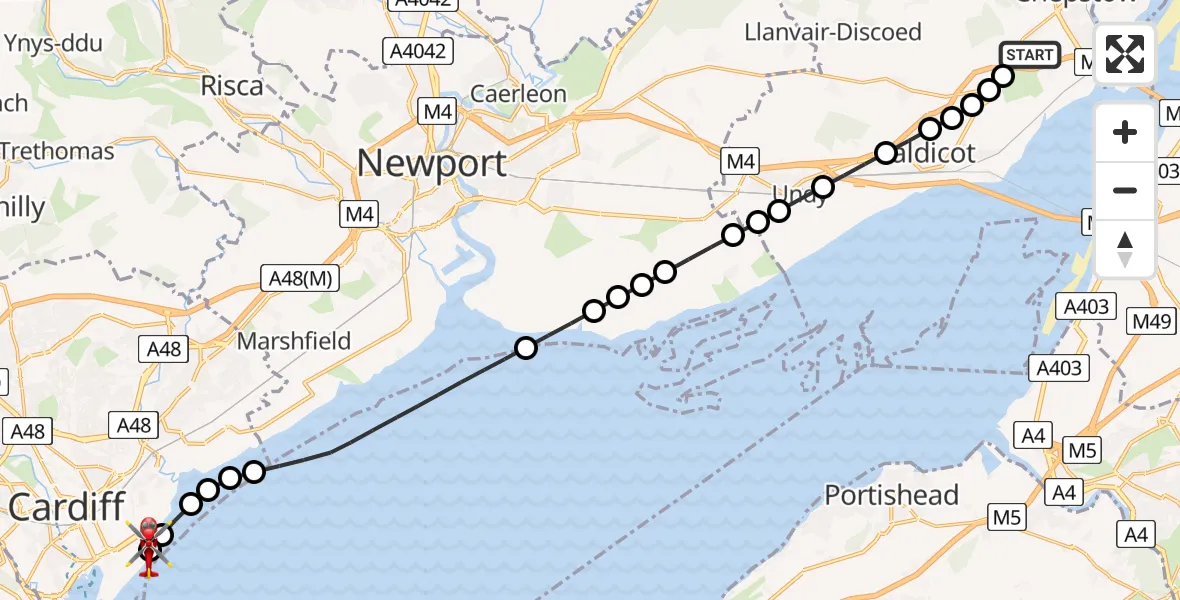 Flight route Air Ambulance Helicopter Pwllmeyric - Cardiff Heliport, 23 May 2026, 18:20