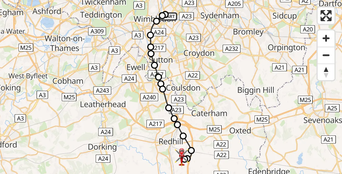 Flight route Air Ambulance Helicopter St Georges Hospital - Redhill Aerodrome, 23 May 2026, 18:23