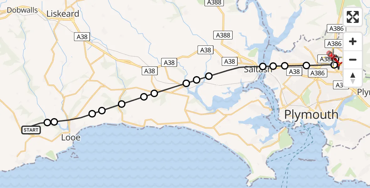 Flight route Air Ambulance Helicopter Pelynt - Derriford Hospital, 23 May 2026, 18:28