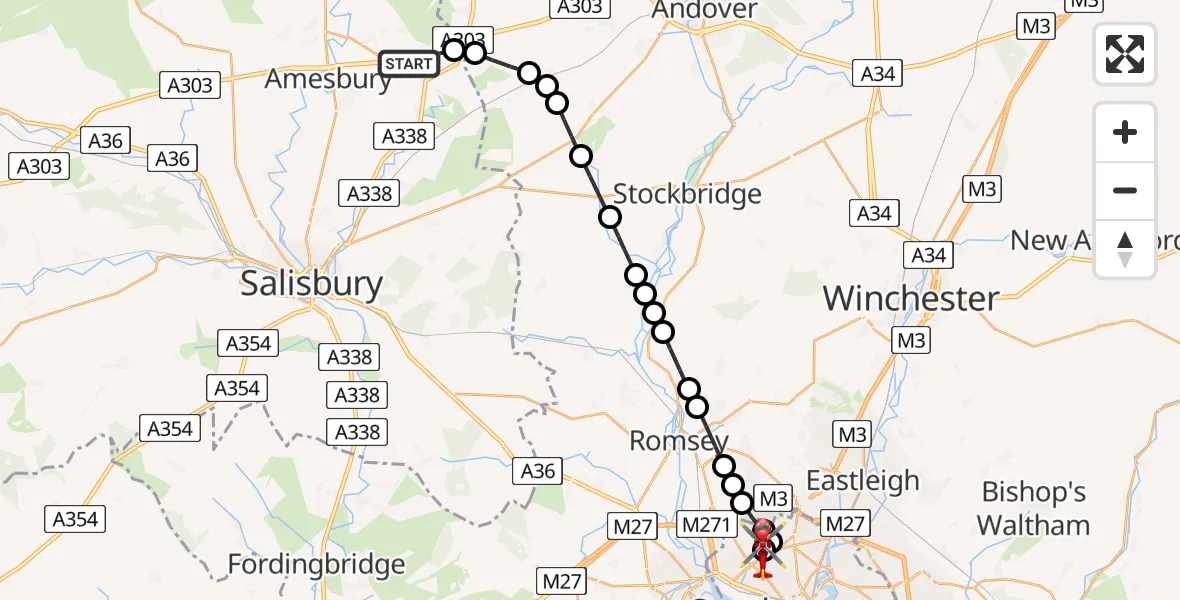 Flight route Air Ambulance Helicopter Bulford - University Hospital Southampton, 23 May 2026, 18:35
