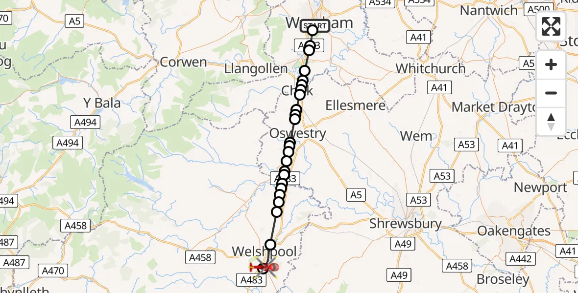 Flight route Air Ambulance Helicopter Felin Puleston - Welshpool Airport, 23 May 2026, 18:35