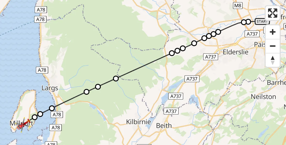 Flight route Air Ambulance Helicopter Glasgow Airport - Inner Seas, 23 May 2026, 18:50