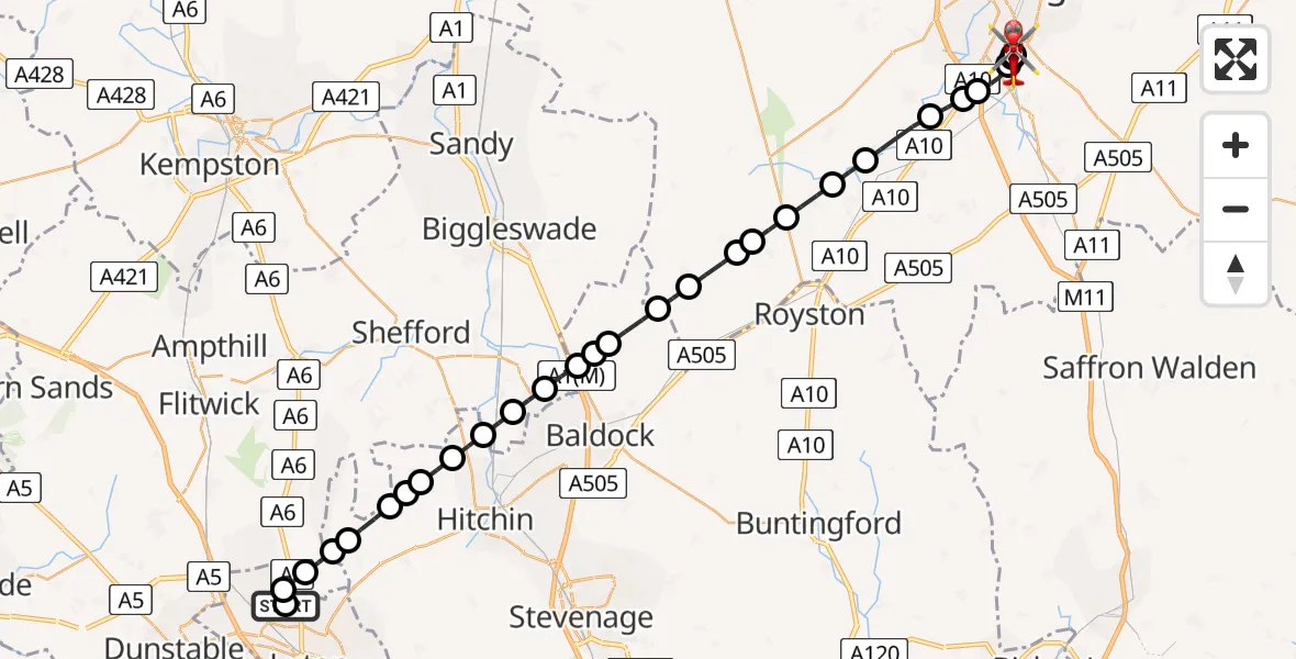 Flight route Air Ambulance Helicopter Limbury - Papworth Hospital, 23 May 2026, 19:03
