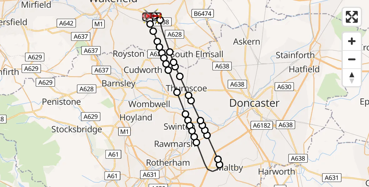 Flight route Air Ambulance Helicopter YAA Nostell Helicopter Port - YAA Nostell Helicopter Port, 23 May 2026, 19:07