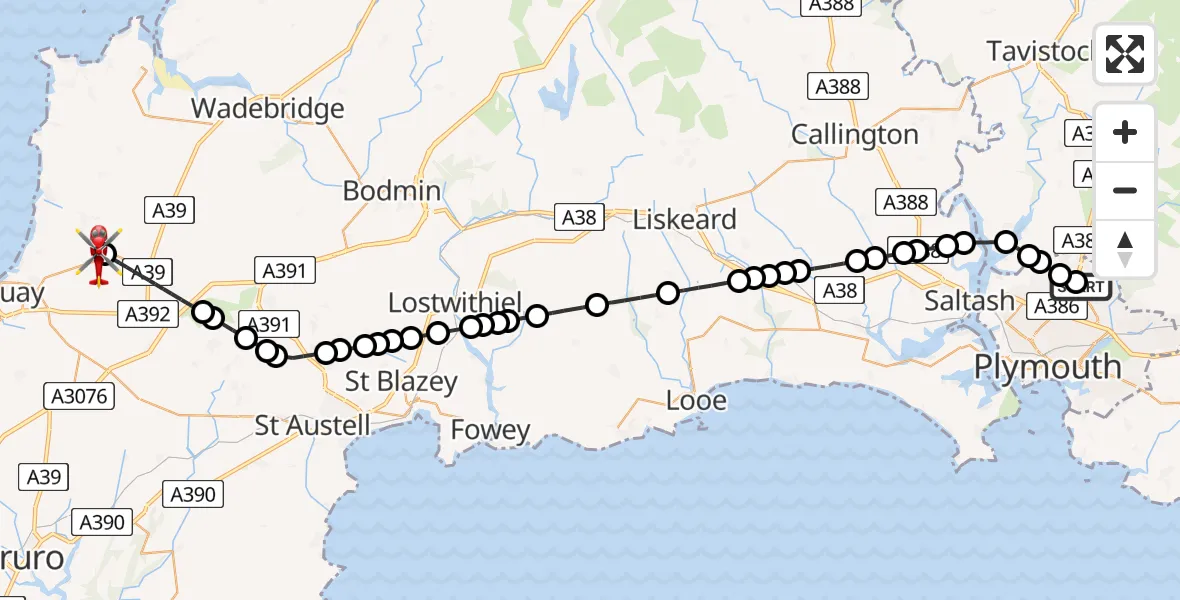 Flight route Air Ambulance Helicopter Derriford Hospital - Cornwall Airport Newquay, 23 May 2026, 19:15
