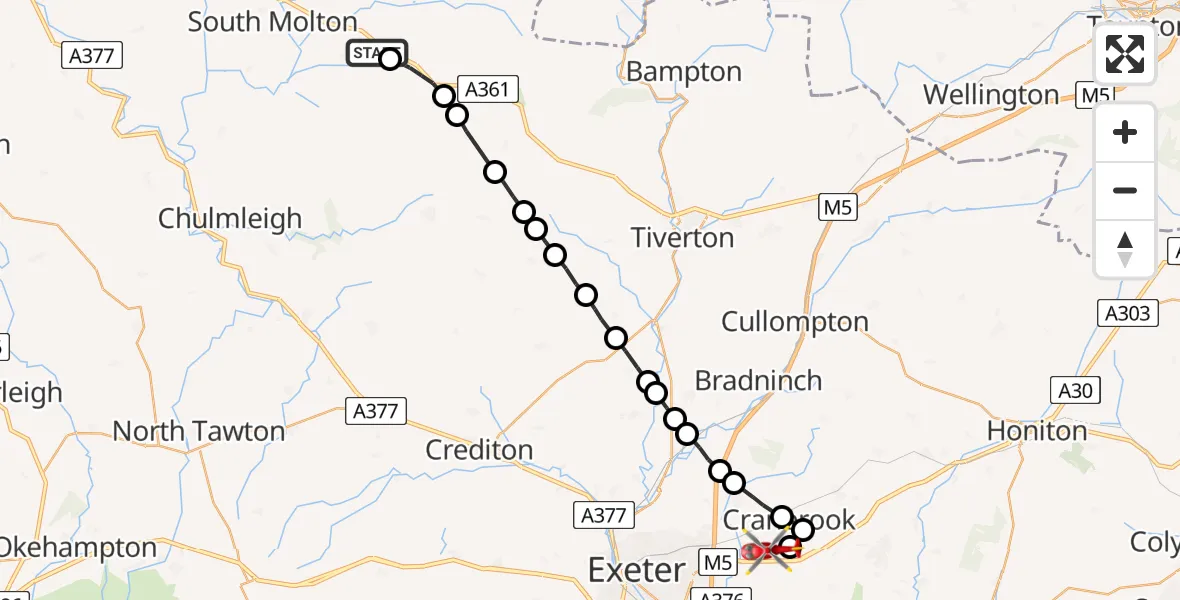 Flight route Air Ambulance Helicopter North Devon - Exeter International Airport, 23 May 2026, 19:16