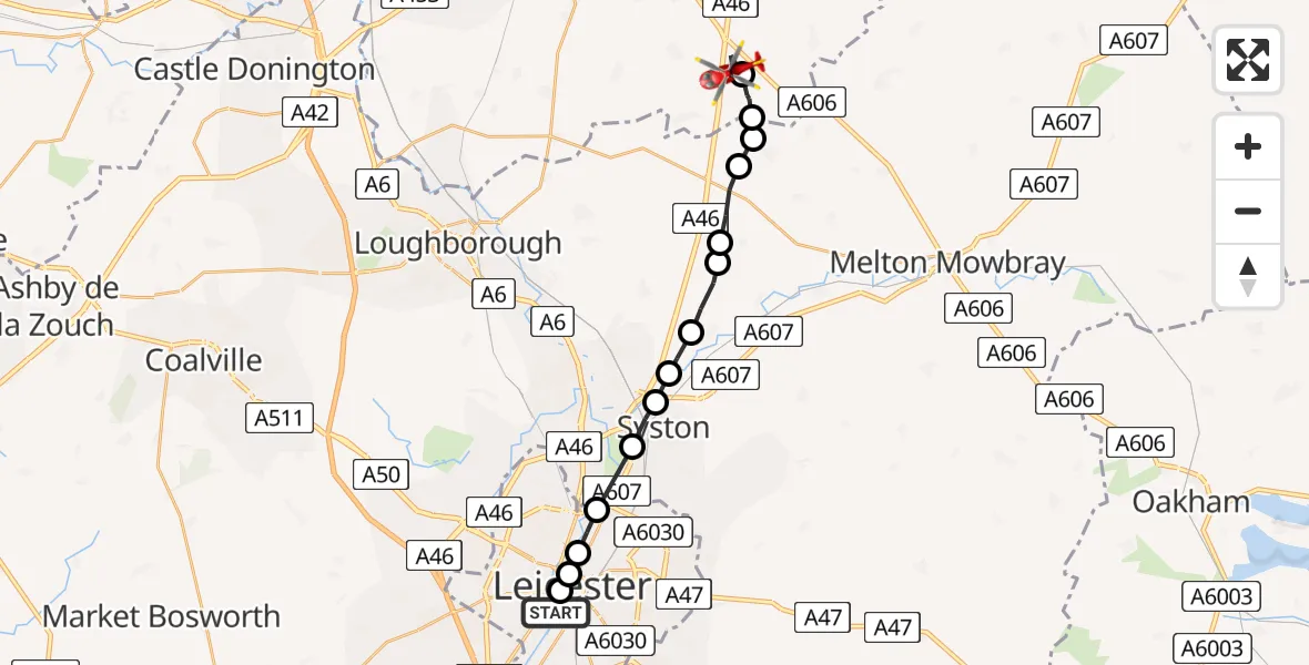 Flight route Air Ambulance Helicopter Bede Island - Nottingham Heliport, 23 May 2026, 19:17