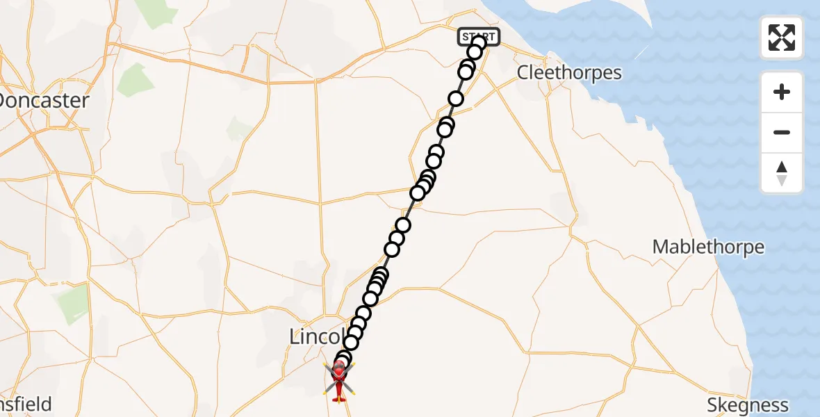 Flight route Air Ambulance Helicopter Immingham - North Kesteven, 23 May 2026, 19:22