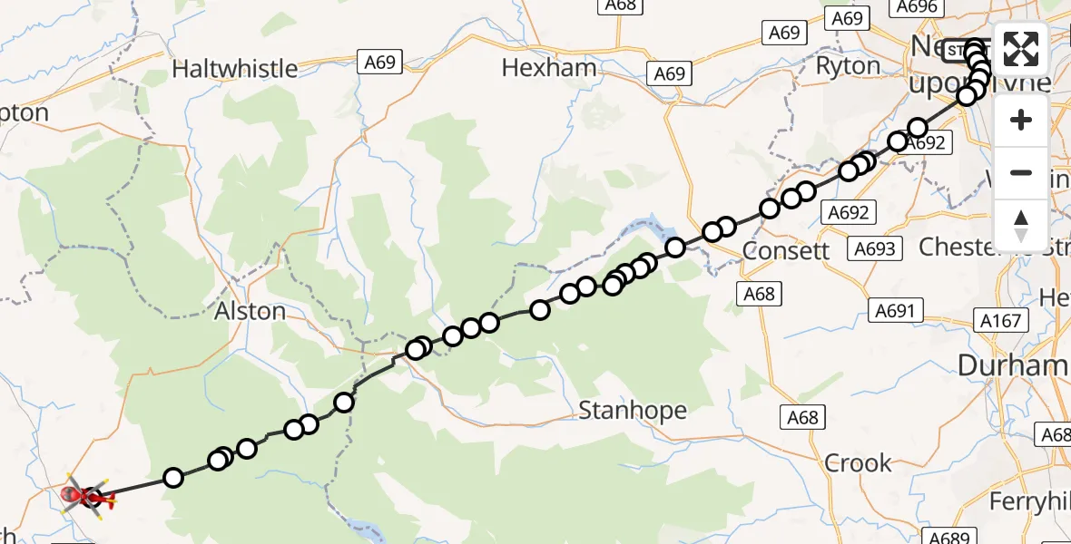 Flight route Air Ambulance Helicopter Newcastle Royal Victoria Infirmary - Skirwith, 23 May 2026, 19:23