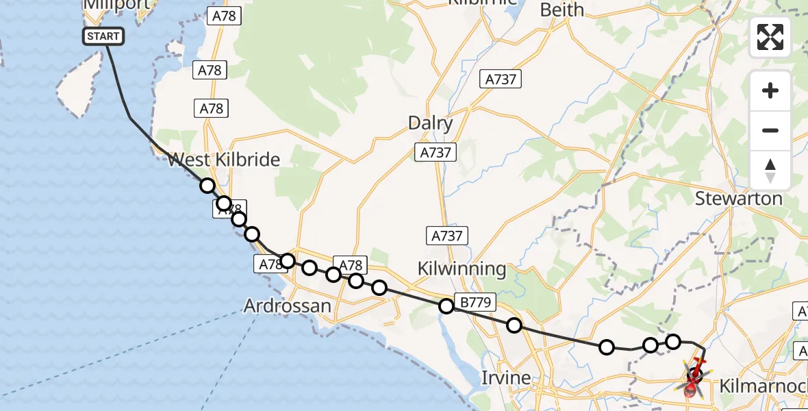 Flight route Air Ambulance Helicopter Inner Seas - Crosshouse University Hospital, 23 May 2026, 19:24