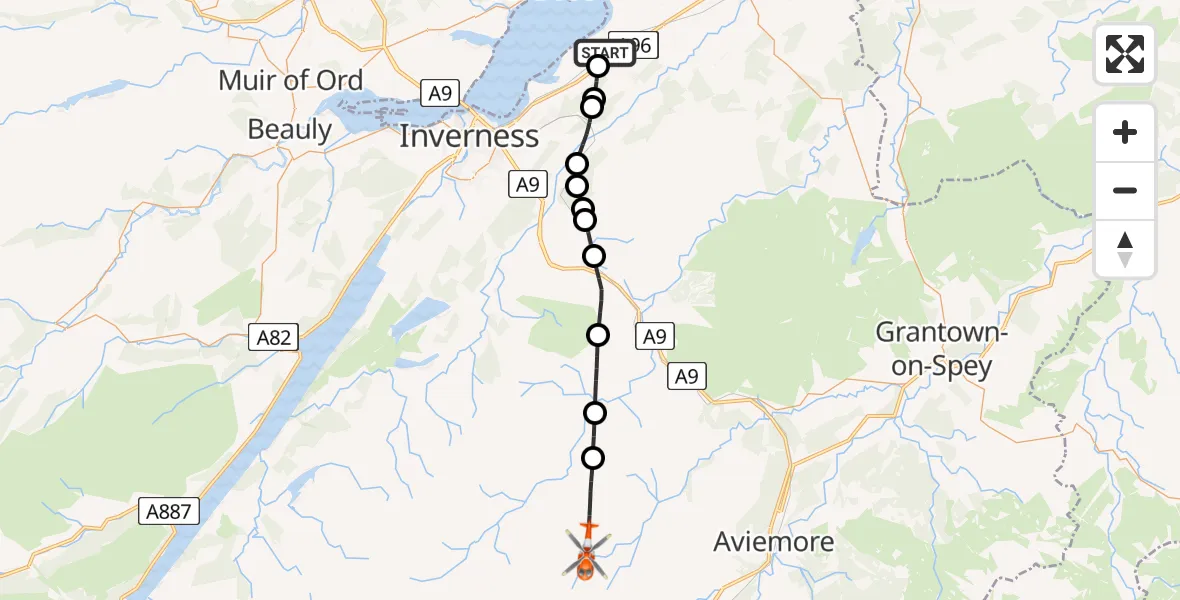 Flight route Coastguard Helicopter Inverness Airport - Highland, 23 May 2026, 19:31
