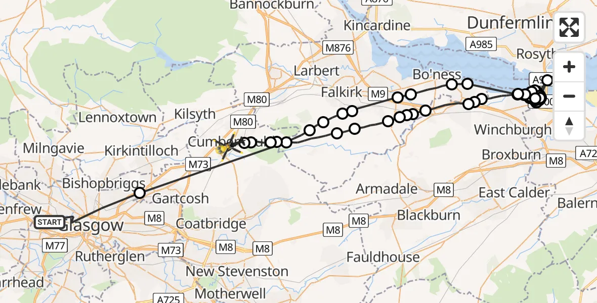Flight route Police Helicopter Glasgow - Cumbernauld, 23 May 2026, 19:34