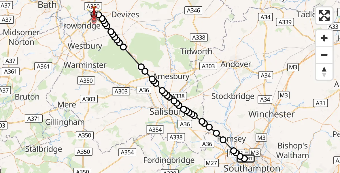 Flight route Air Ambulance Helicopter University Hospital Southampton - Wiltshire Air Ambulance, 23 May 2026, 19:37