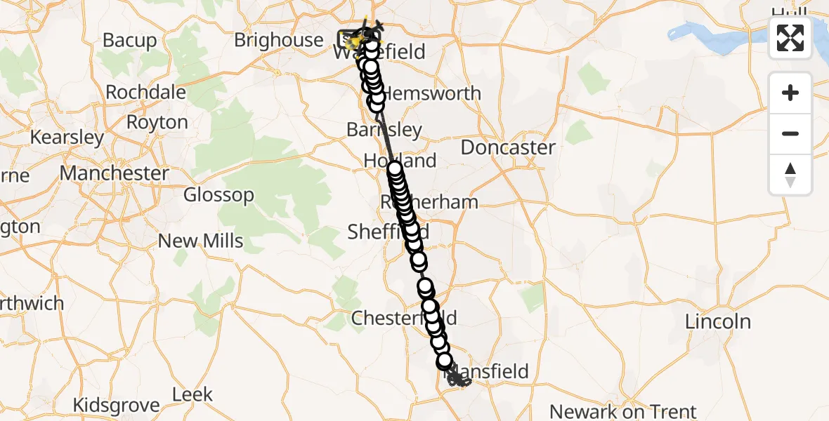 Flight route Police Helicopter East Ardsley - Brandy Carr, 23 May 2026, 19:48