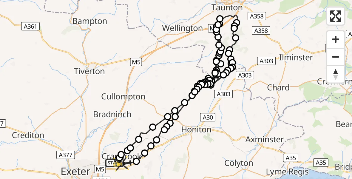 Flight route Police Helicopter Exeter International Airport - Rockbeare, 23 May 2026, 19:58