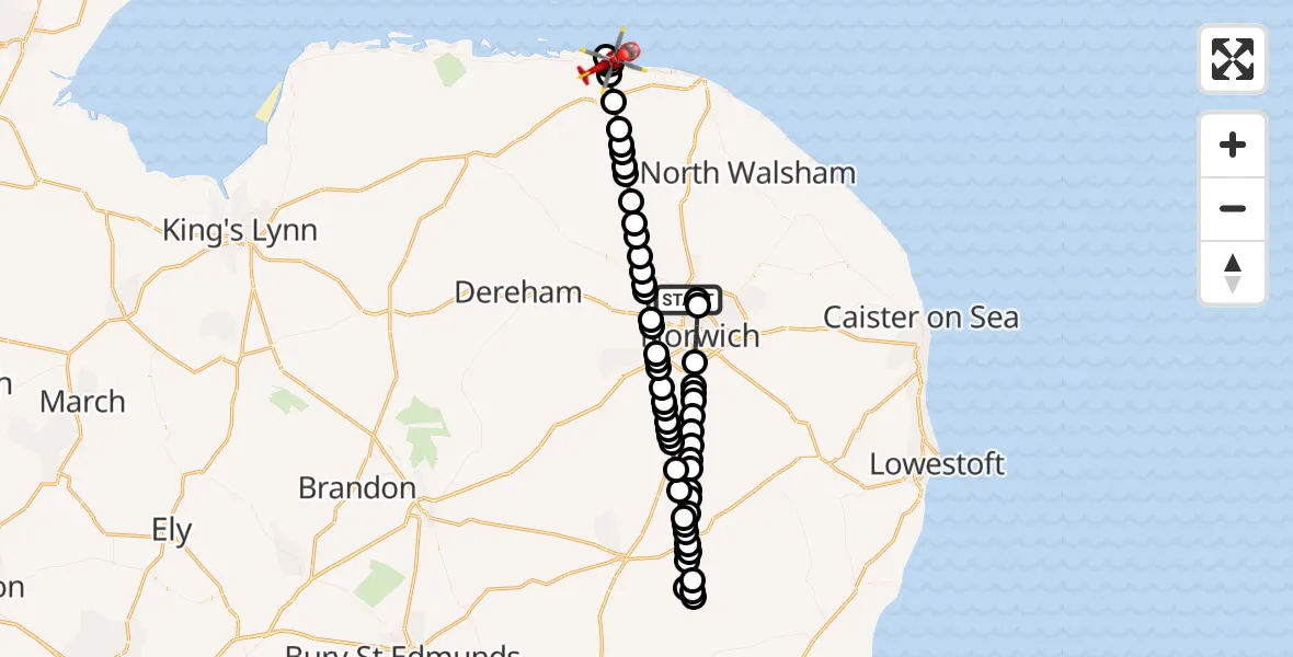 Flight route Air Ambulance Helicopter Norwich Airport - Salthouse, 23 May 2026, 20:00