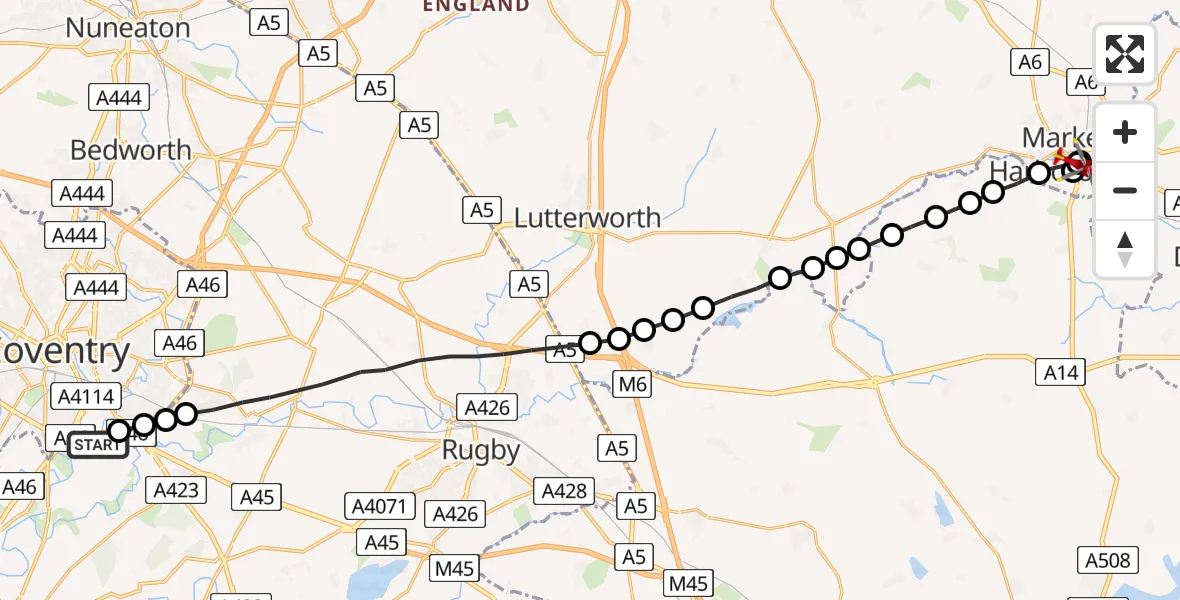 Flight route Air Ambulance Helicopter Coventry Airport - Little Bowden, 23 May 2026, 20:01