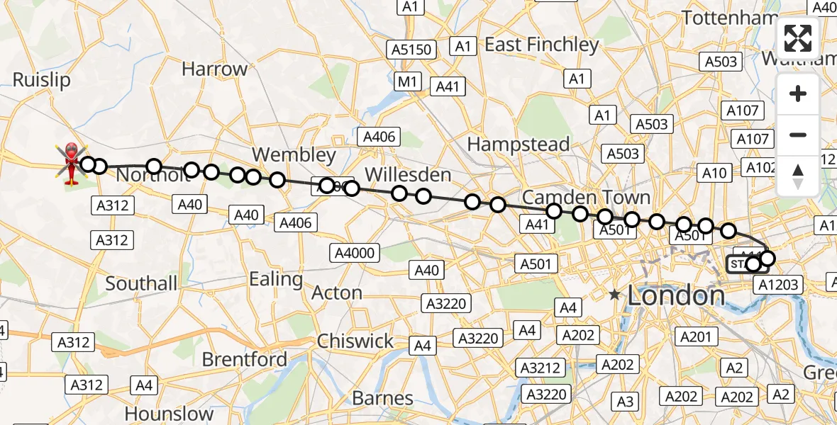 Flight route Air Ambulance Helicopter Royal London Hospital - RAF Northolt, 23 May 2026, 20:04