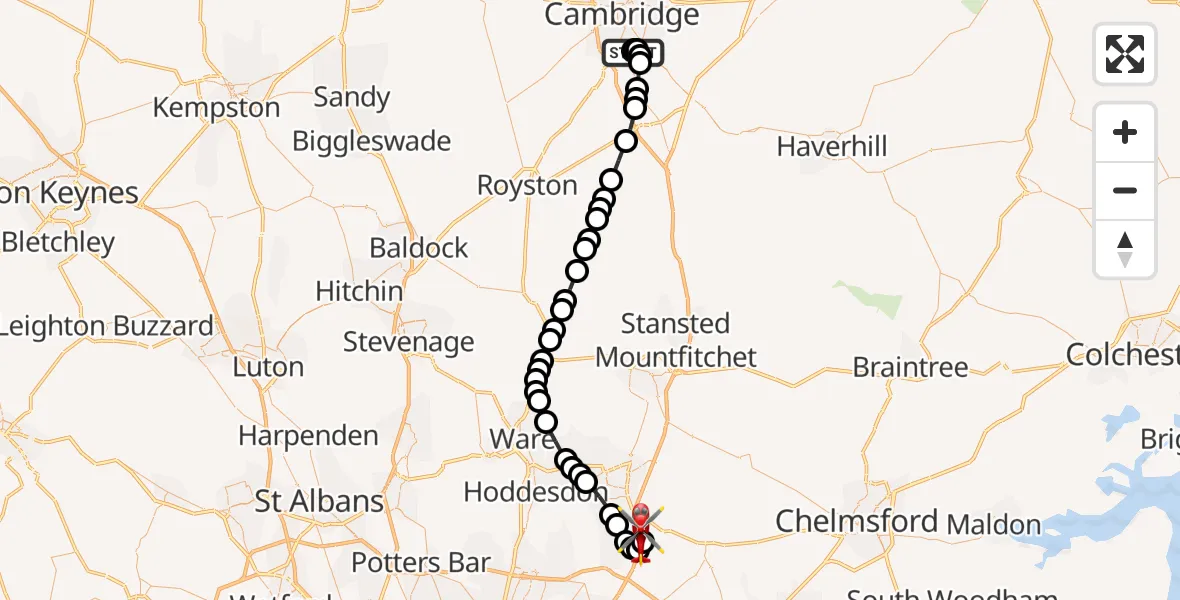 Flight route Air Ambulance Helicopter Papworth Hospital - North Weald Airfield, 23 May 2026, 20:06