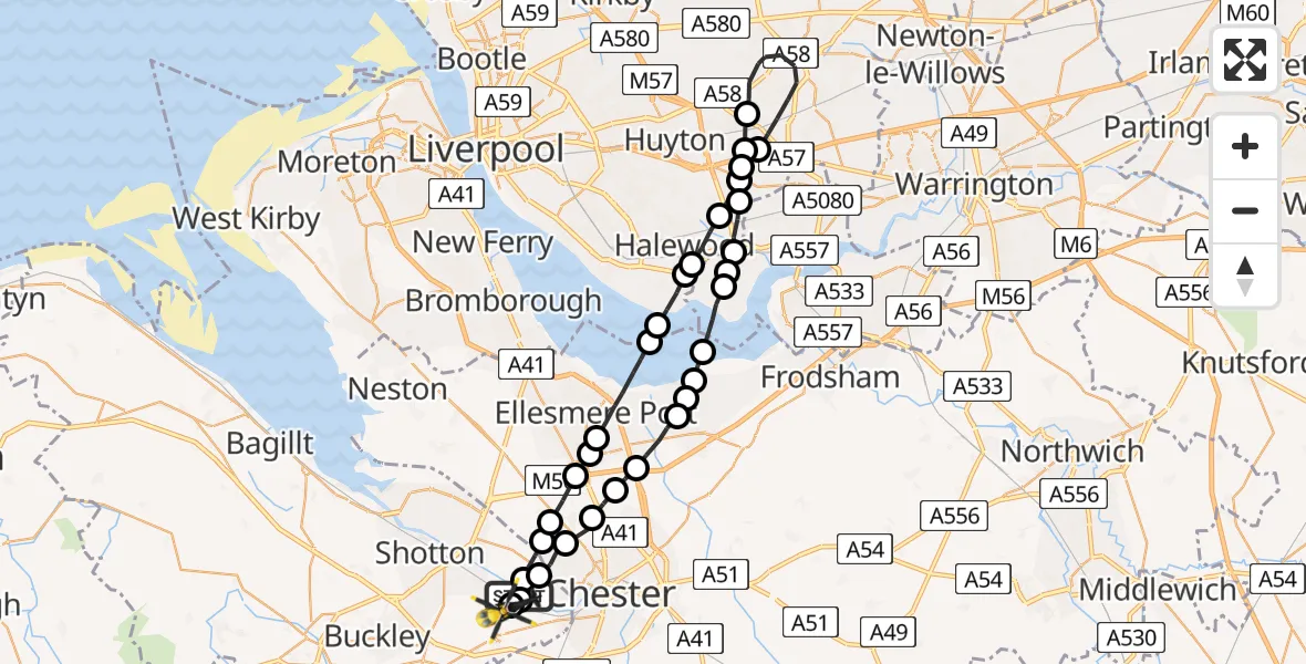 Flight route Police Helicopter Saltney Ferry - Hawarden Airport, 23 May 2026, 20:12