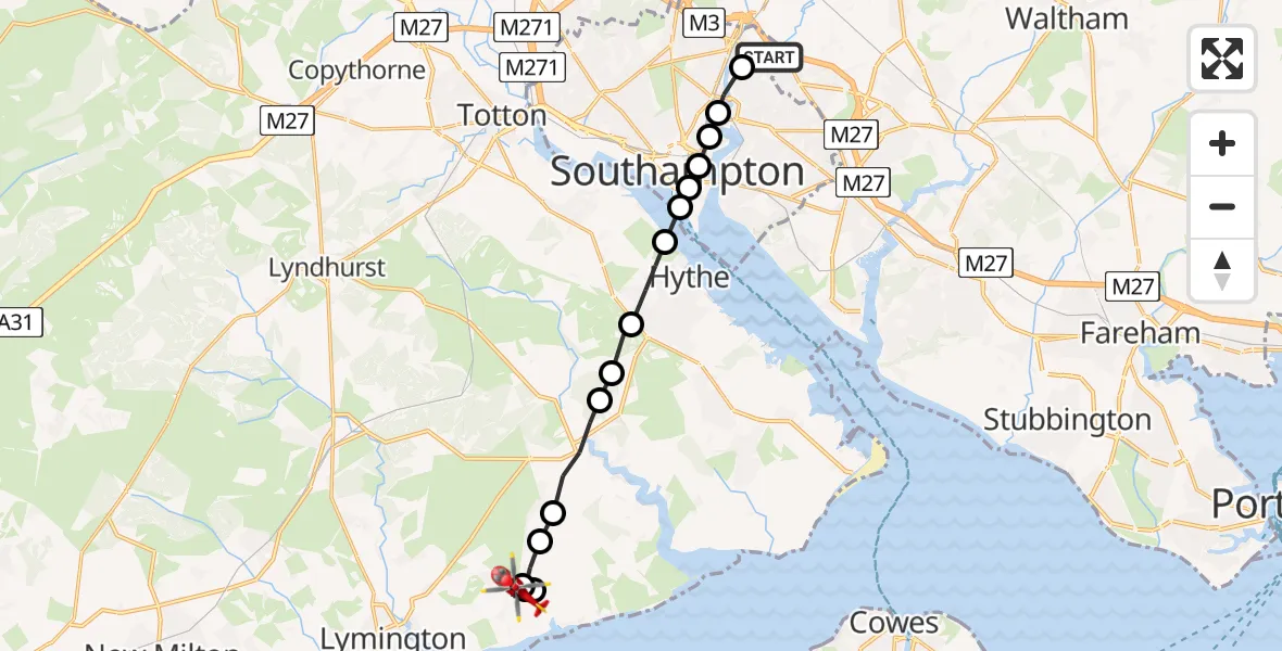 Flight route Air Ambulance Helicopter Southampton Airport - East End, 23 May 2026, 20:14