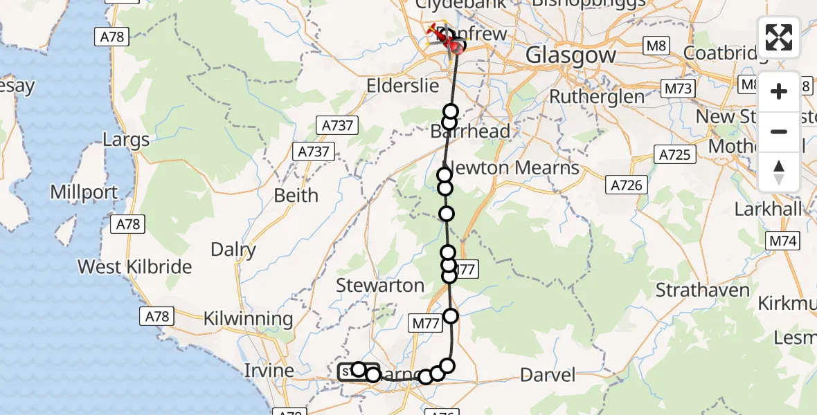 Flight route Air Ambulance Helicopter Crosshouse University Hospital - Glasgow Airport, 23 May 2026, 20:17