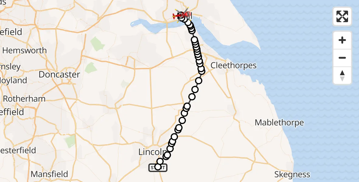 Flight route Air Ambulance Helicopter RAF Waddington - Hull Royal Infirmary, 23 May 2026, 20:19