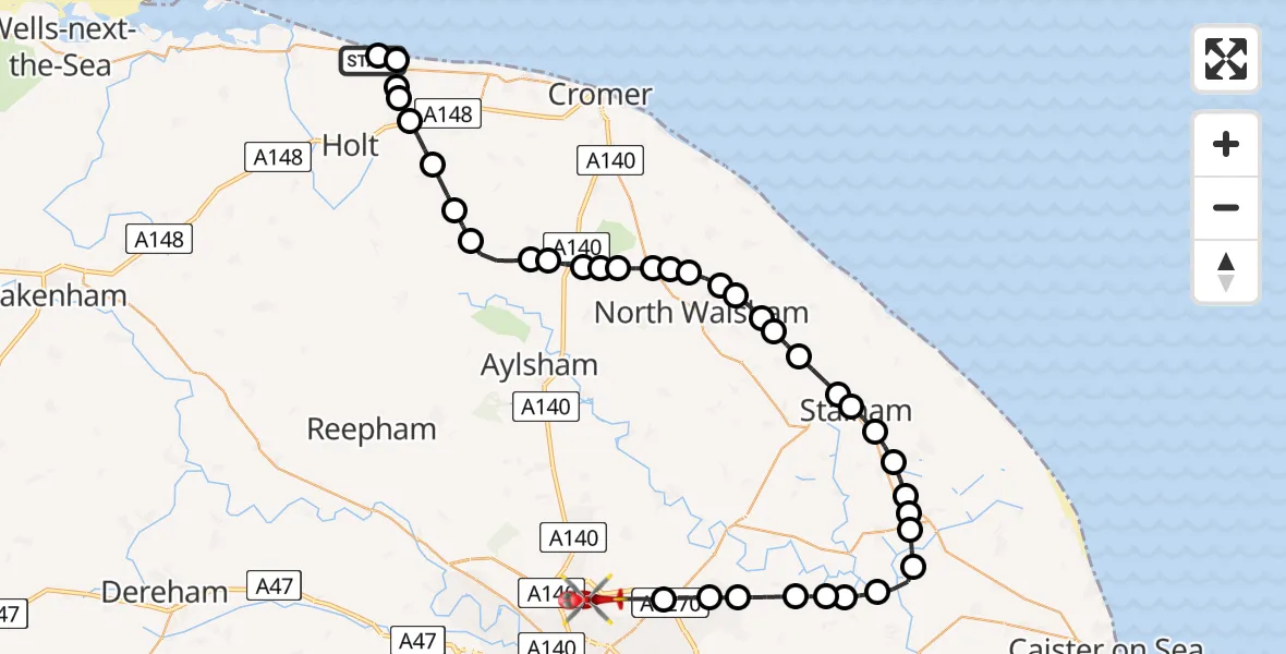 Flight route Air Ambulance Helicopter Salthouse - Norwich Airport, 23 May 2026, 20:45