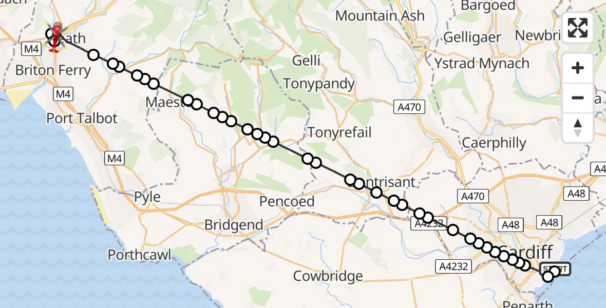 Flight route Air Ambulance Helicopter Cardiff Heliport - Neath, 23 May 2026, 20:48