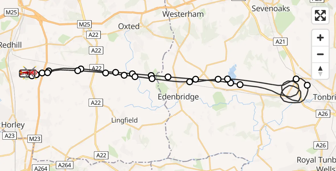 Flight route Air Ambulance Helicopter Redhill Aerodrome - Redhill Aerodrome, 23 May 2026, 20:53