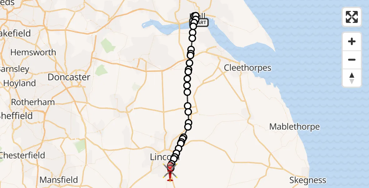 Flight route Air Ambulance Helicopter North Sea - North Kesteven, 23 May 2026, 20:57