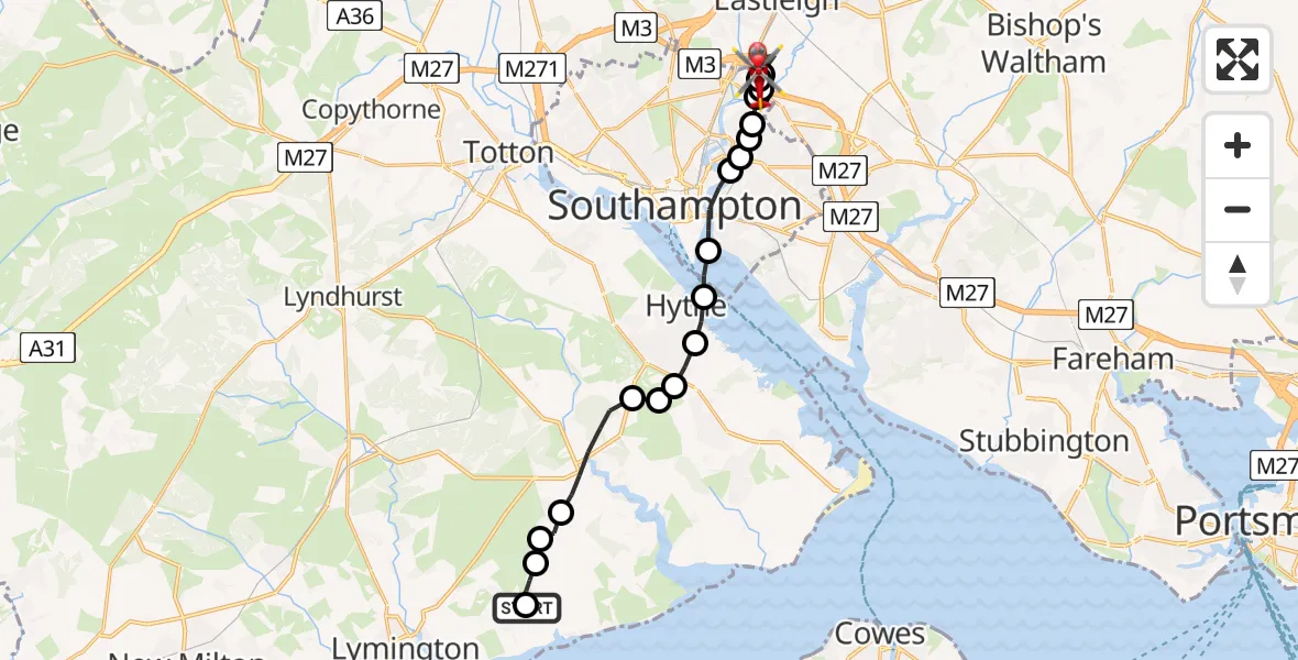 Flight route Air Ambulance Helicopter Beaulieu - Southampton Airport, 23 May 2026, 21:04