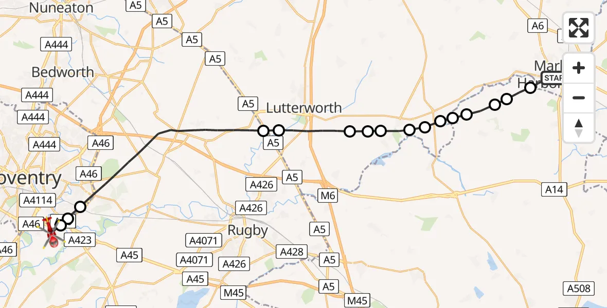 Flight route Air Ambulance Helicopter Market Harborough - Coventry Airport, 23 May 2026, 21:06