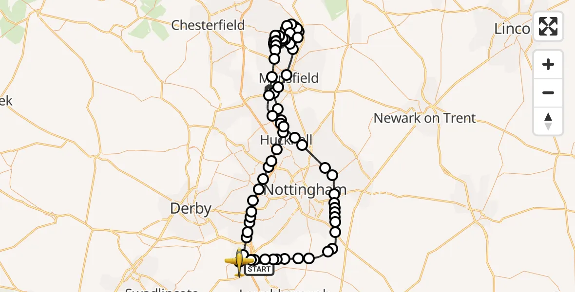 Flight route Police Aircraft Long Whatton - East Midlands Airport, 23 May 2026, 21:13