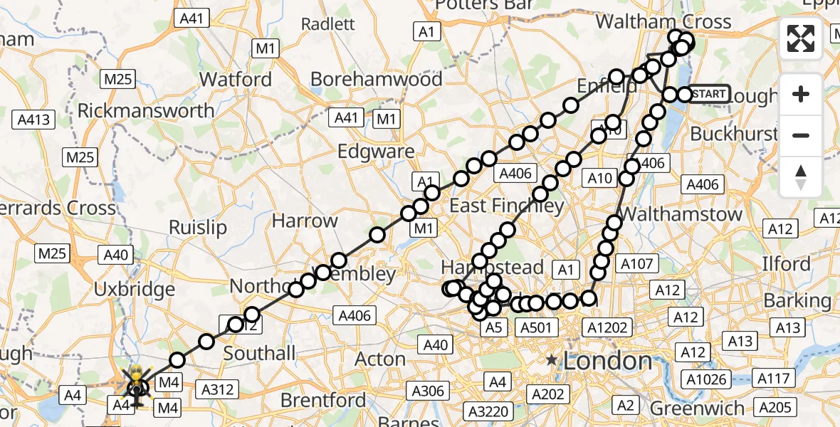 Flight route Police Helicopter Chingford - Harmondsworth, 23 May 2026, 21:17