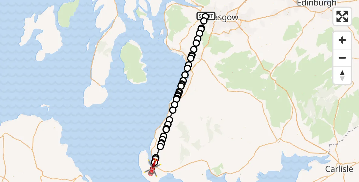 Flight route Air Ambulance Helicopter Glasgow Airport - Stranraer, 23 May 2026, 21:17
