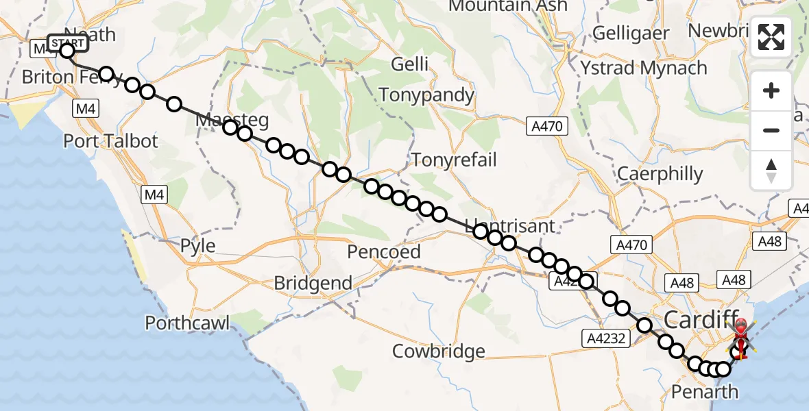 Flight route Air Ambulance Helicopter Neath Abbey - Cardiff Heliport, 23 May 2026, 21:29