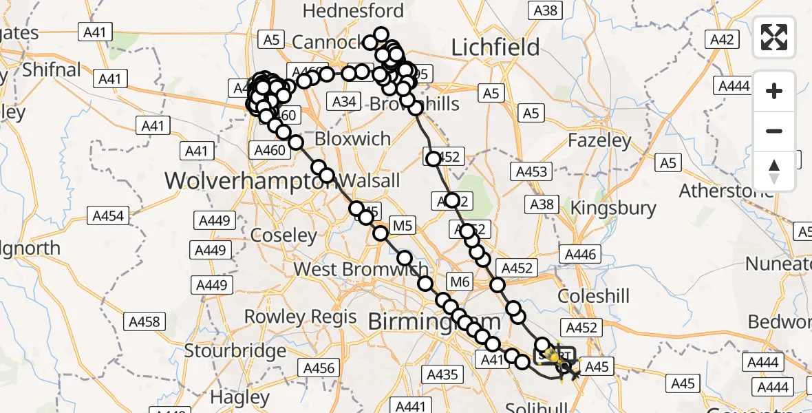 Flight route Police Helicopter Birmingham Airport - Birmingham Airport, 23 May 2026, 21:51