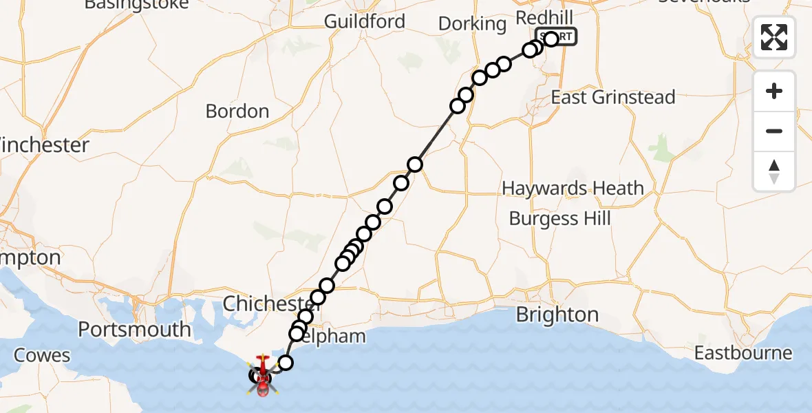 Flight route Air Ambulance Helicopter Redhill Aerodrome - Selsey, 23 May 2026, 21:59