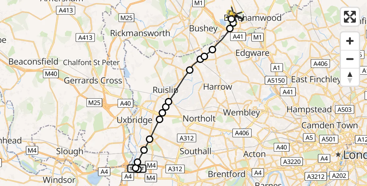 Flight route Police Helicopter Harmondsworth - Aldenham, 23 May 2026, 22:10